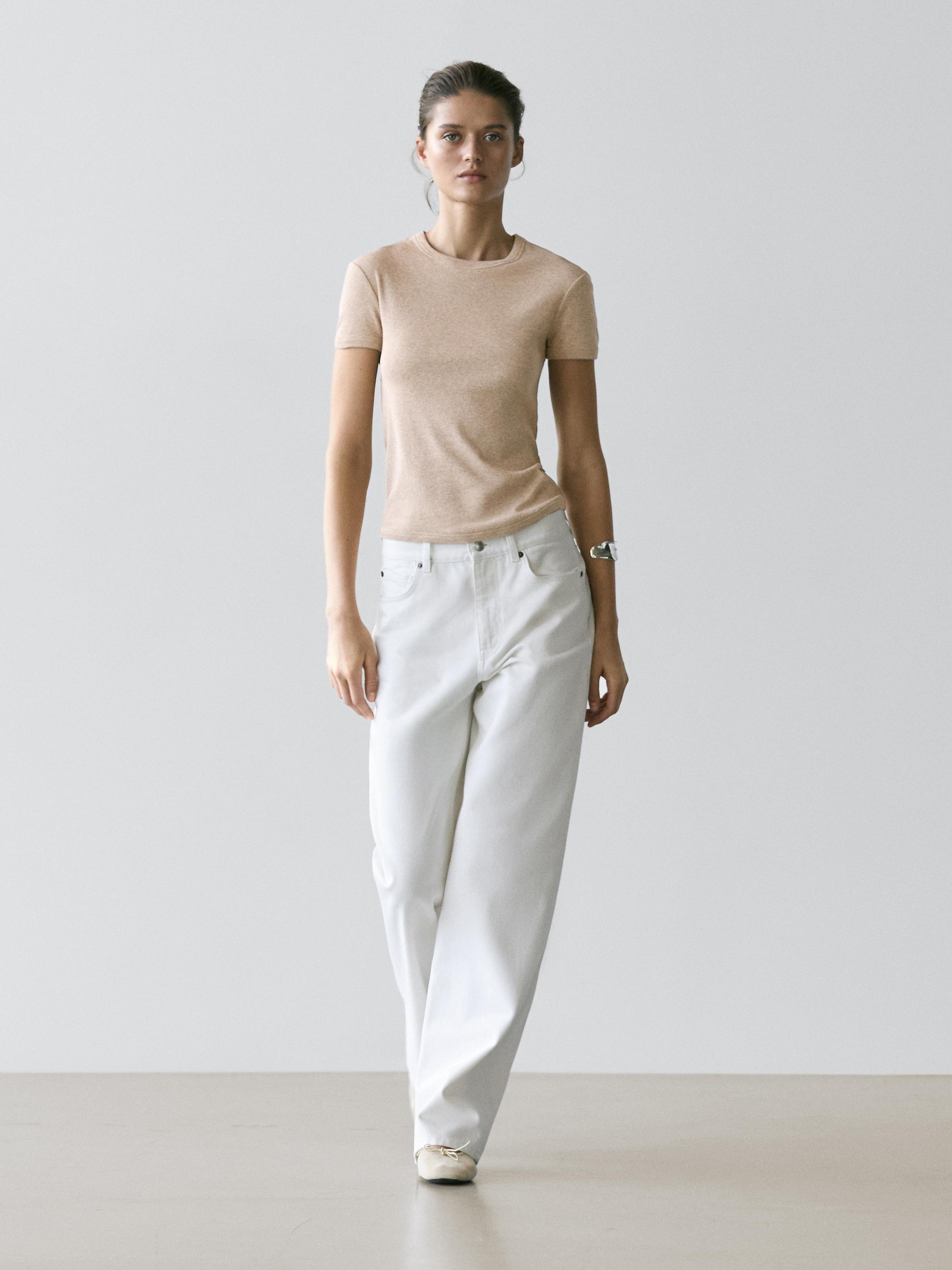 

Хлопковая футболка с коротким рукавом Massimo Dutti, beige marl, Бежевый, Хлопковая футболка с коротким рукавом Massimo Dutti, beige marl