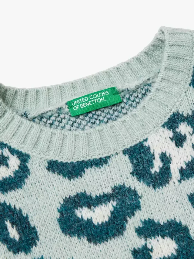 Детский вязаный свитер с животным принтом, зеленый Benetton — фото 3