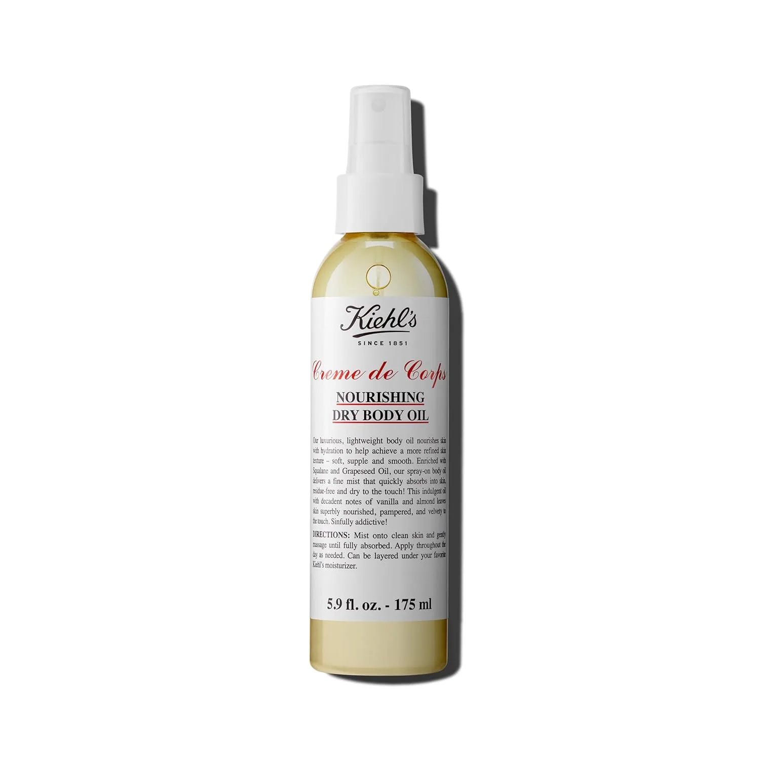 Kiehl's Creme de Corps питательное сухое масло для тела, легкий спрей для мягкой и гладкой кожи, с скваленом и маслом виноградных косточек, быстро впитывается, без следов, аромат ванили и миндаля - 175 мл