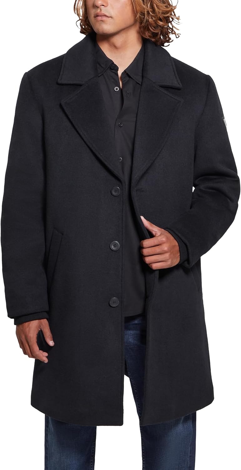 

GUESS mens Gus Single Breasted Overcoat Quilted Bib, Navy Sea