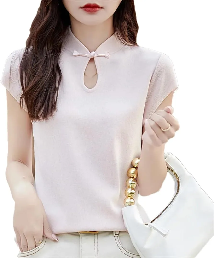 

Alloaone женская летняя рубашка в китайском стиле с пуговицами, вязаная, с короткими рукавами и воротником стойкой