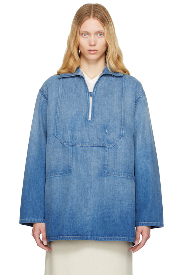 

Рубашка из светлого джинса с эффектом потертости и кромкой Selvedge Auralee, индиго