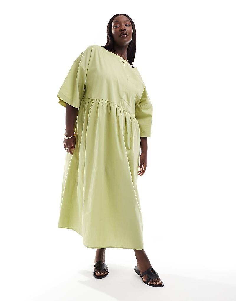 

ASOS DESIGN Curve – Зеленое свободное платье-футболка миди из поплина