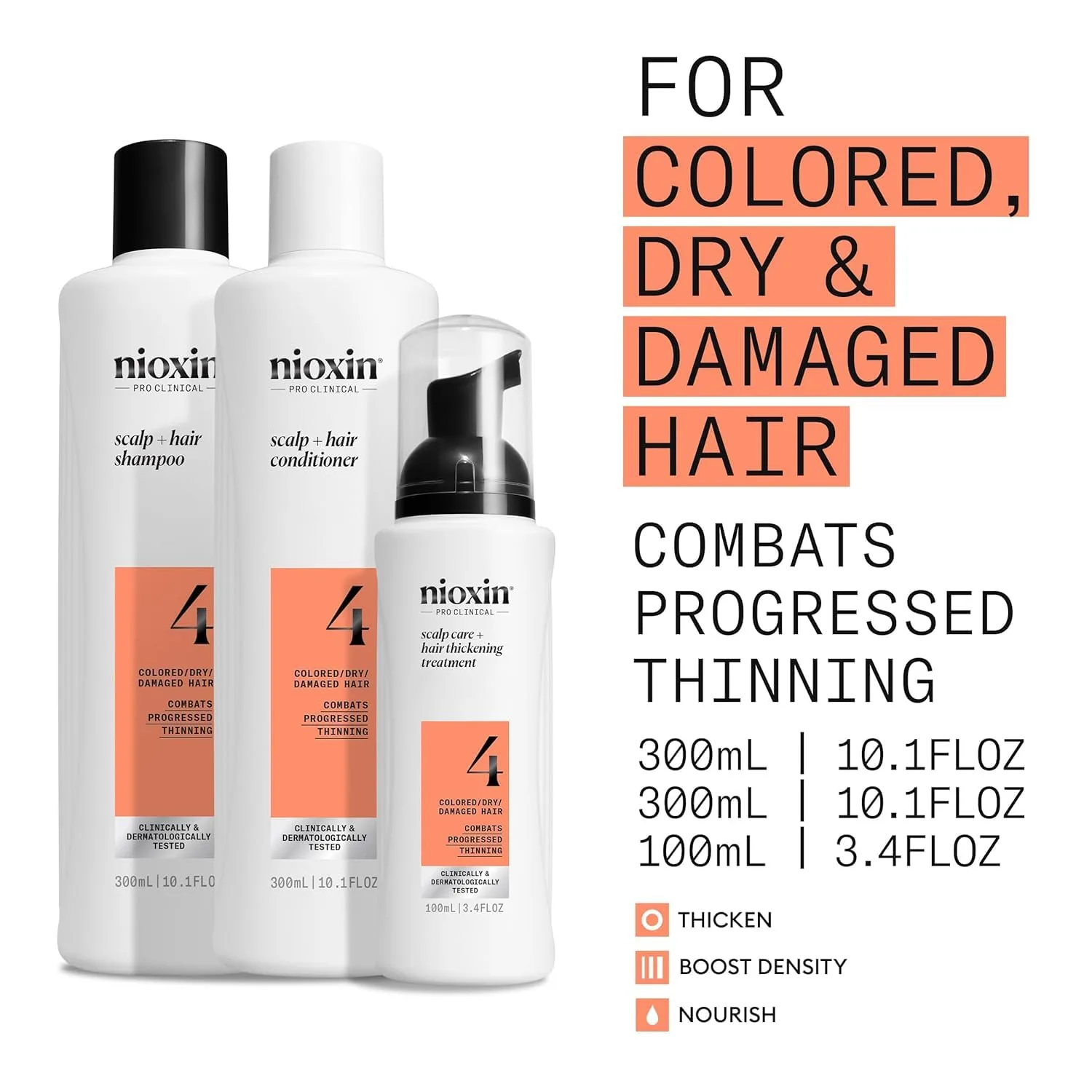 Набор Nioxin Scalp + Hair Thickening System 4 для окрашенных, сухих и поврежденных волос с прогрессирующим истончением: очищение, кондиционирование, уход и укрепляющая маска Density Defend Anti-Breakage, Orange — фото 3