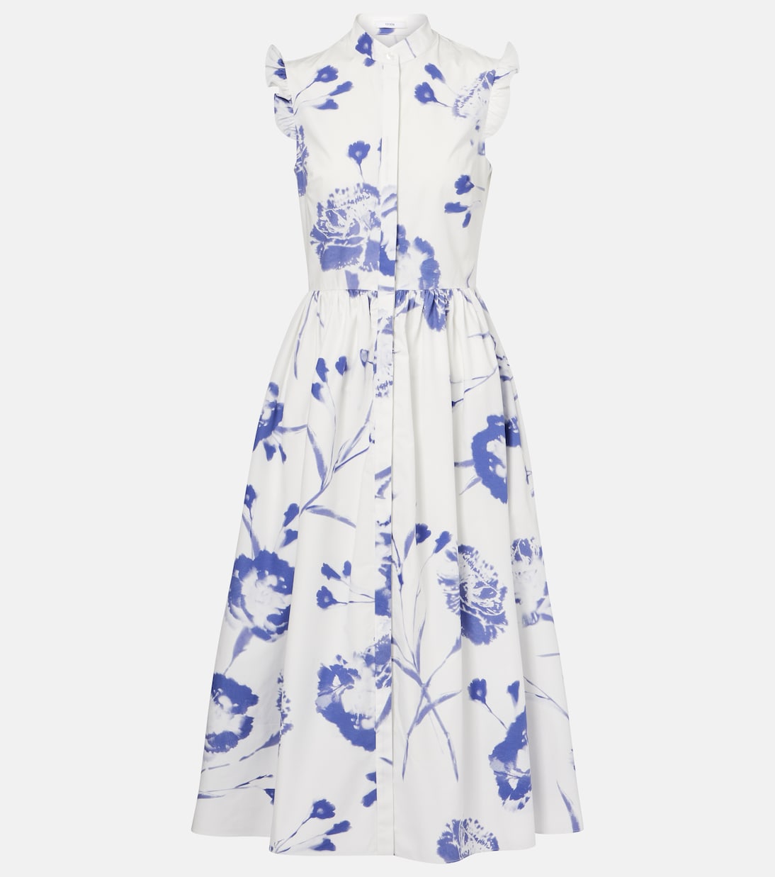 

Платье миди из хлопкового поплина с цветочным принтом Erdem, Carnation Cyanotype White