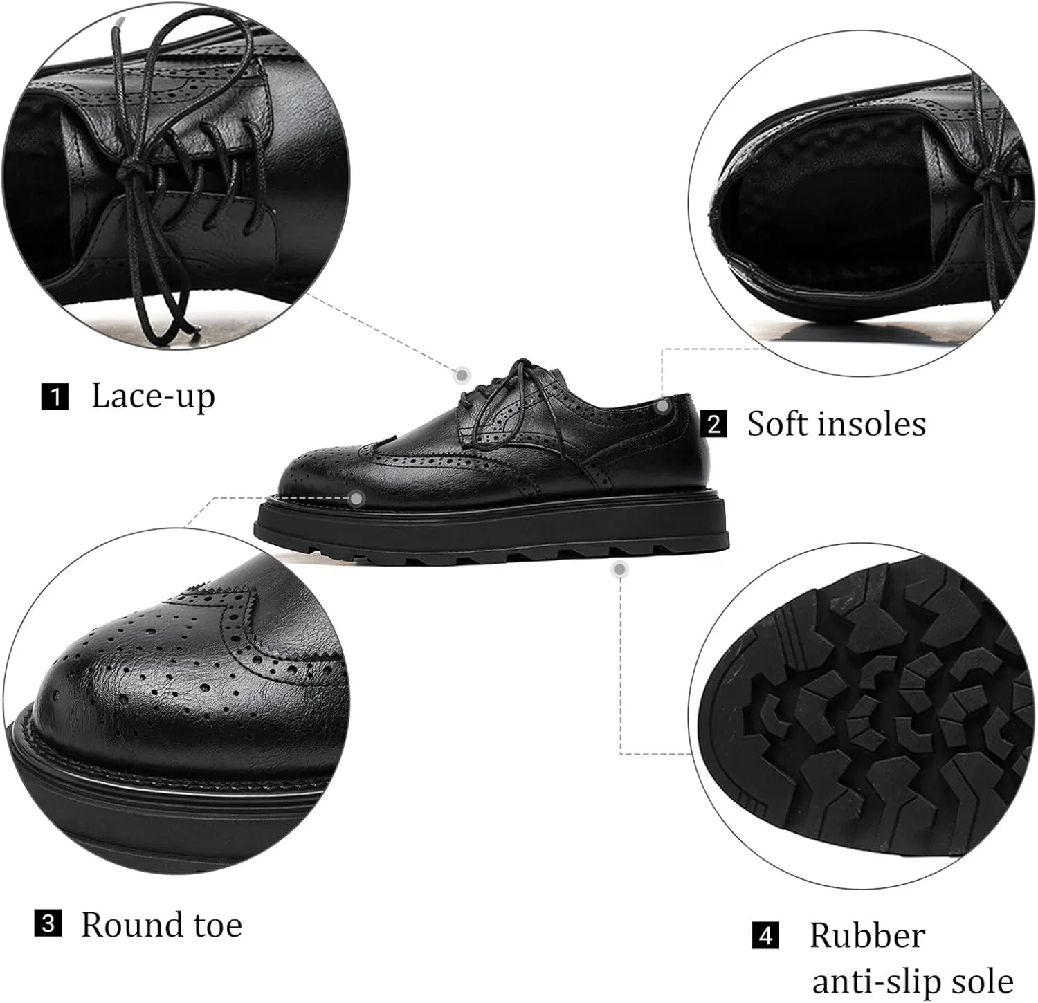 Мужские кроссовки Brogue Dress с классическим округлым носком, платформой и крыловидной отделкой, деловые оксфорды Wingtip, легкие противоскользящие повседневные деловые дерби XHOGNLS, черный — фото 4