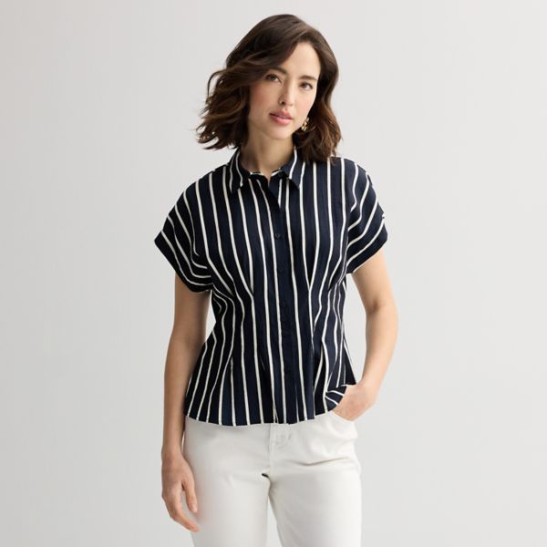 

Женская приталенная блузка с пуговицами и расклешенным низом Nine West, цвет navy marina stripe