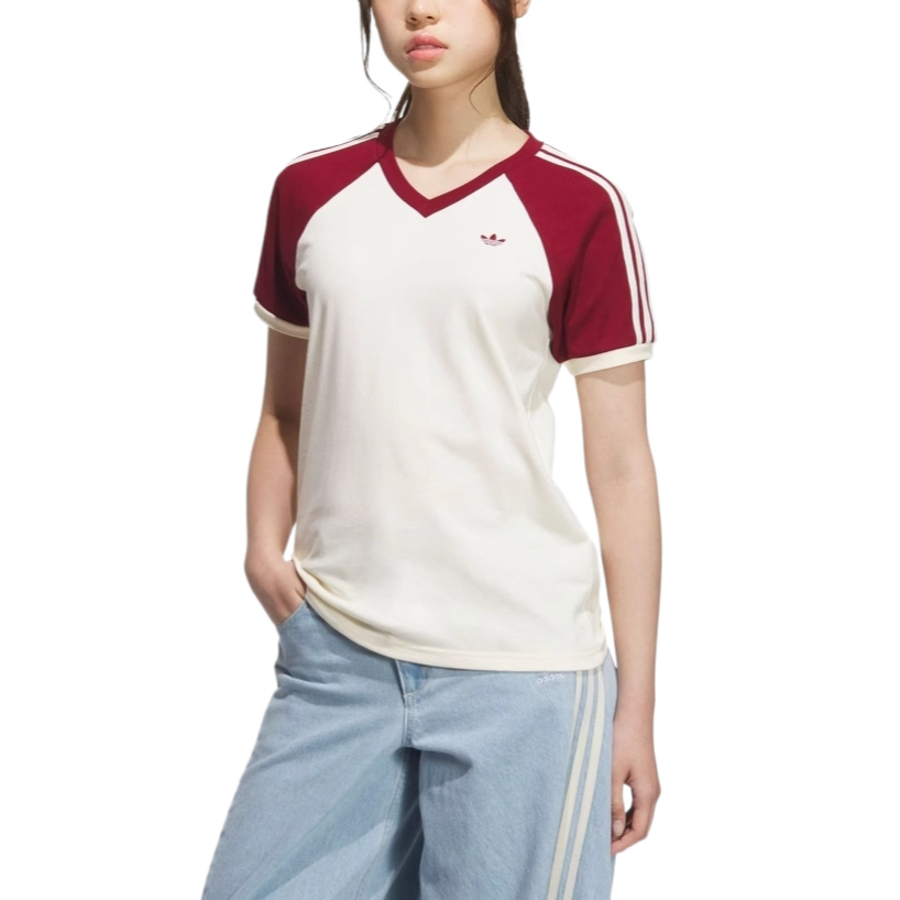 Футболка Adidas Originals V-Neck Short Sleeve, слоновая кость/бордовый — фото 2