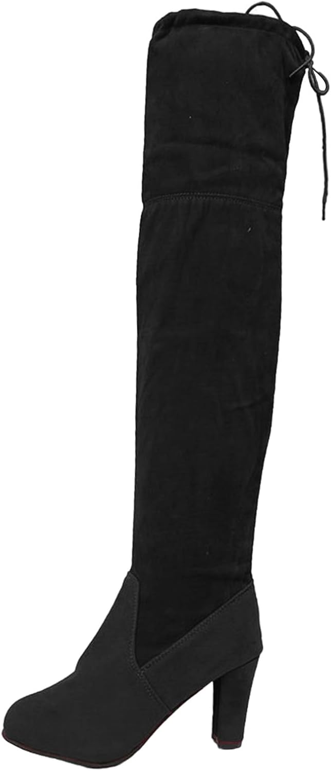 

Женские ботфорты до колена из замши с устойчивым массивным каблуком, растягивающиеся, с кружевами, длинные, сексуальные, облегающие, с заостренным носком, высокие ботинки, модные ботинки осень-зима Baxtayel, черный