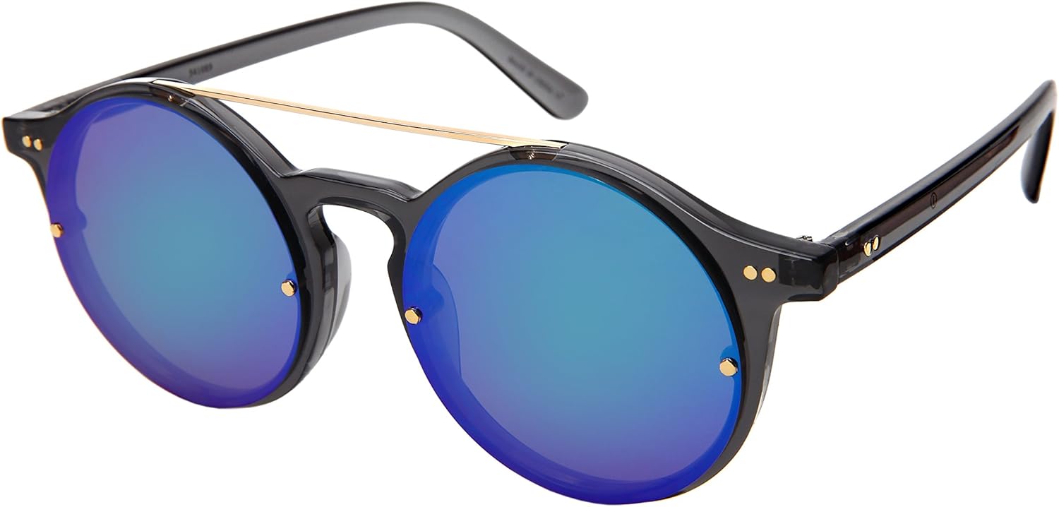 

EDGEIWEAR Модные солнцезащитные очки с круглой перемычкой над бровями, пластиковая оправа, плоские зеркальные линзы 541089 (прозрачная серая оправа/зеленые зеркальные линзы, размер 54)