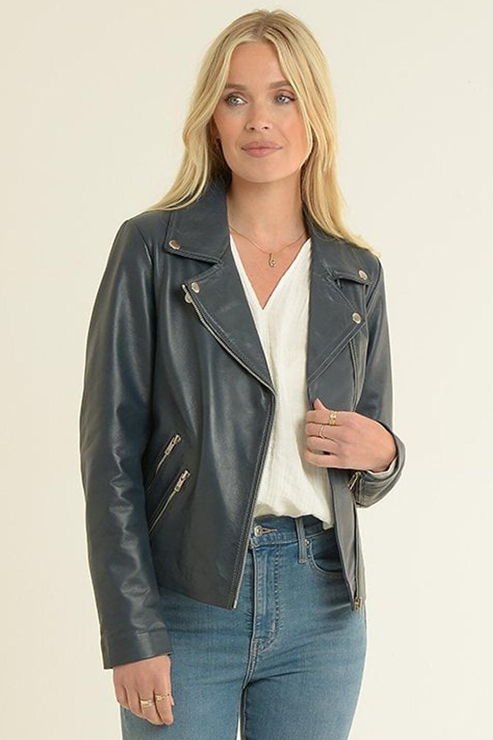 

Модная кожаная байкерская куртка Celia Ashwood Leather, темно-синий