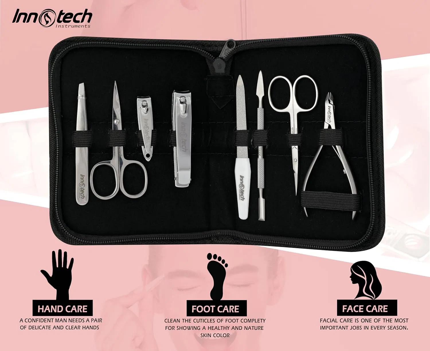Набор для маникюра и педикюра 8 в 1 из нержавеющей стали ‎Innotech Instruments, Black 8 Pcs — фото 2