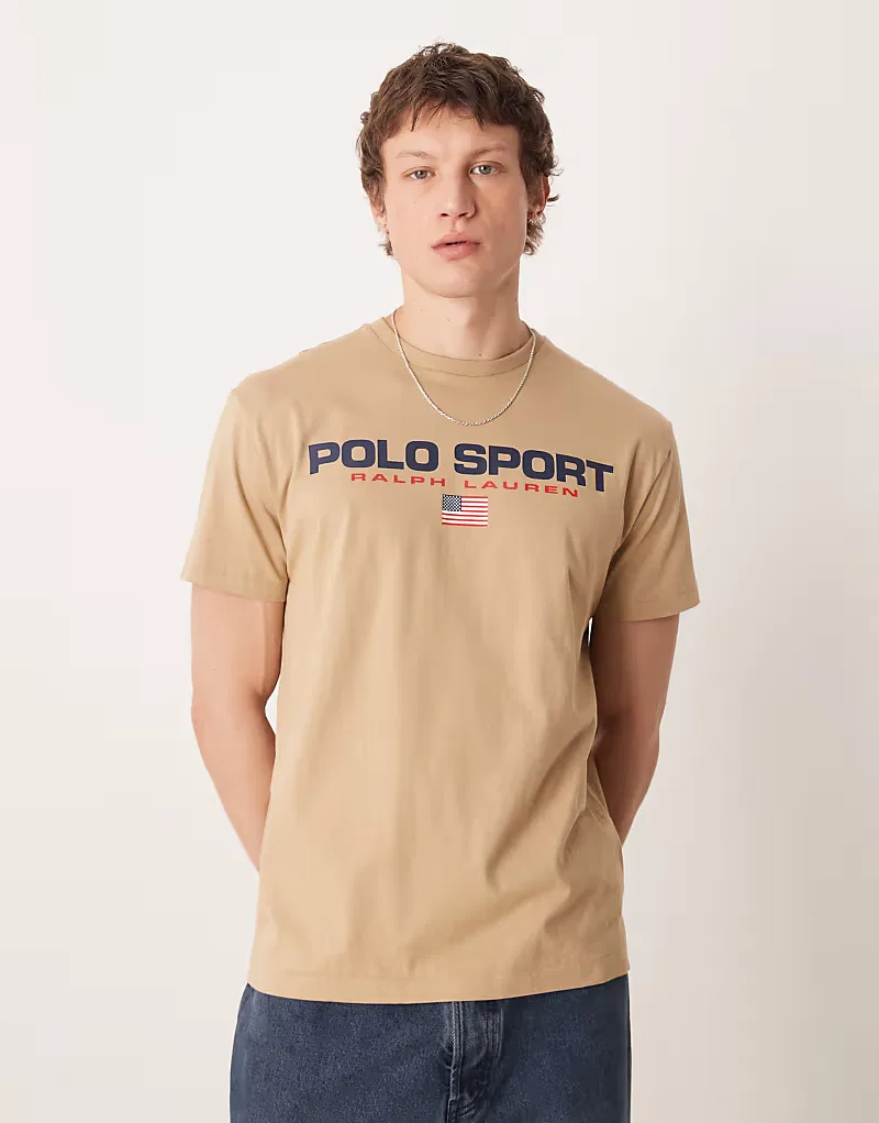 Футболка Polo Ralph Lauren Sport с принтом в виде флага на груди классический крой, хаки