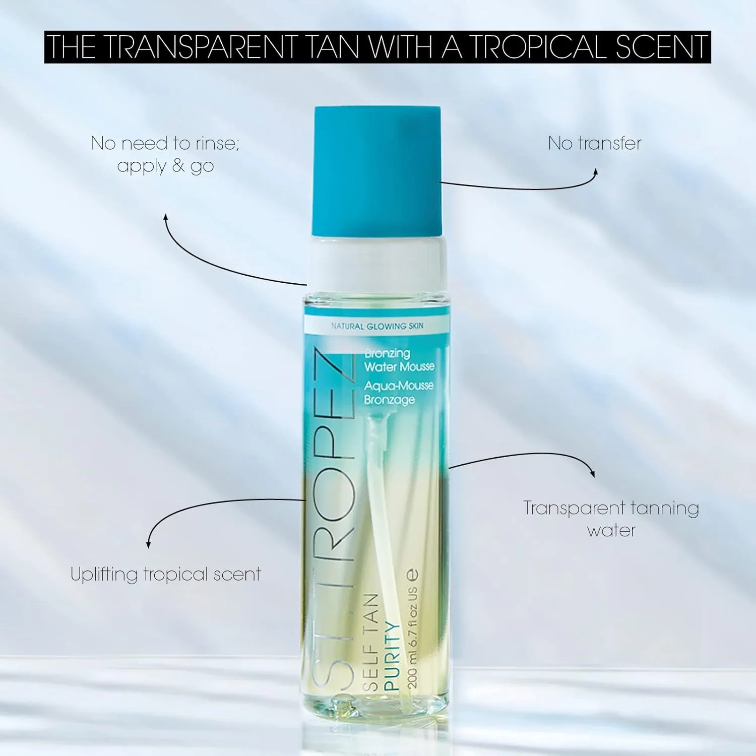 St.Tropez Self Tan Purity Bronzing Water, прозрачная пенка для автозагара, безупречный результат, проявляется через 4-8 часов, веганский продукт, натуральный состав, не тестируется на животных. 170.10 г (1 шт.) — фото 2