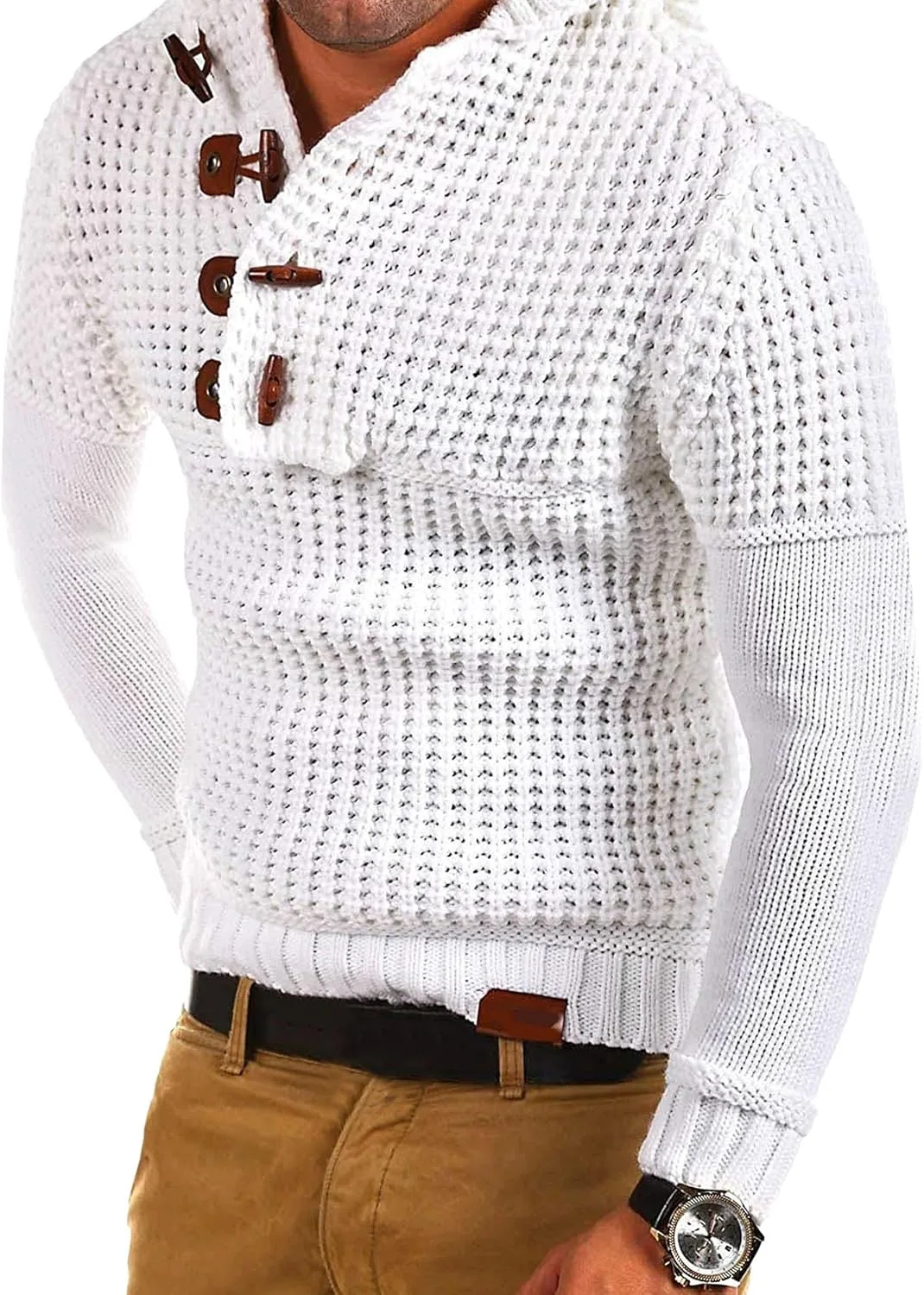 Мужской пуловер с воротником-шалью, вязаный, кабельный узор, slim fit — фото 4