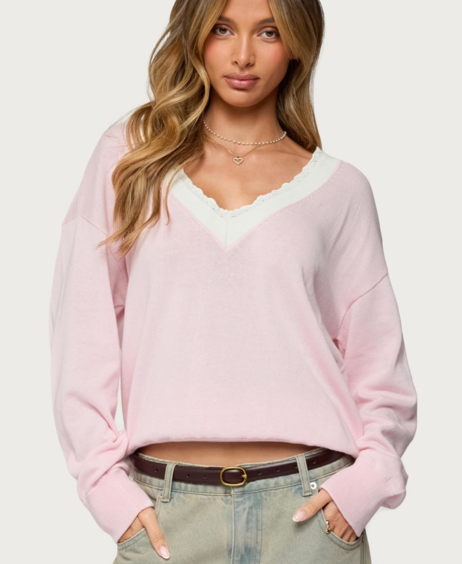 

Женский свитер Marie с контрастной кружевной отделкой и V-образным вырезом Edikted, Light-pink