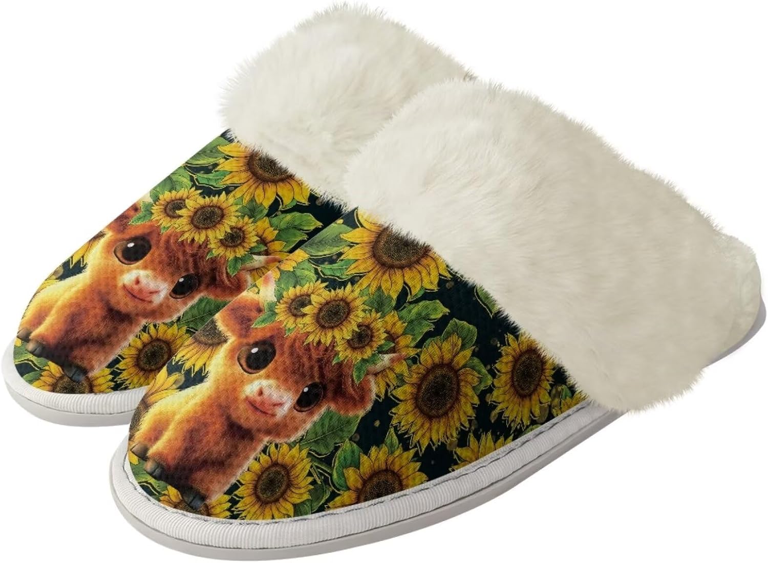 

Домашние тапочки для мужчин и женщин, зимние теплые тапочки на плоской подошве, мягкие плюшевые, закрытый носок, домашняя обувь с резиновой подошвой против скольжения для спа и ванной Watdotory, Sunflower West Highland Cattle