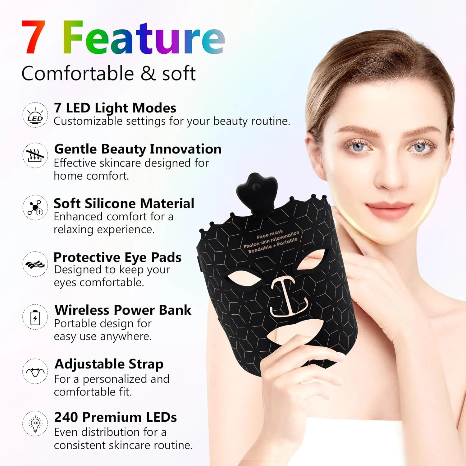 Маска для лица Usuielight — LED с красным светом, 7 цветов , Black, 190 г — фото 2