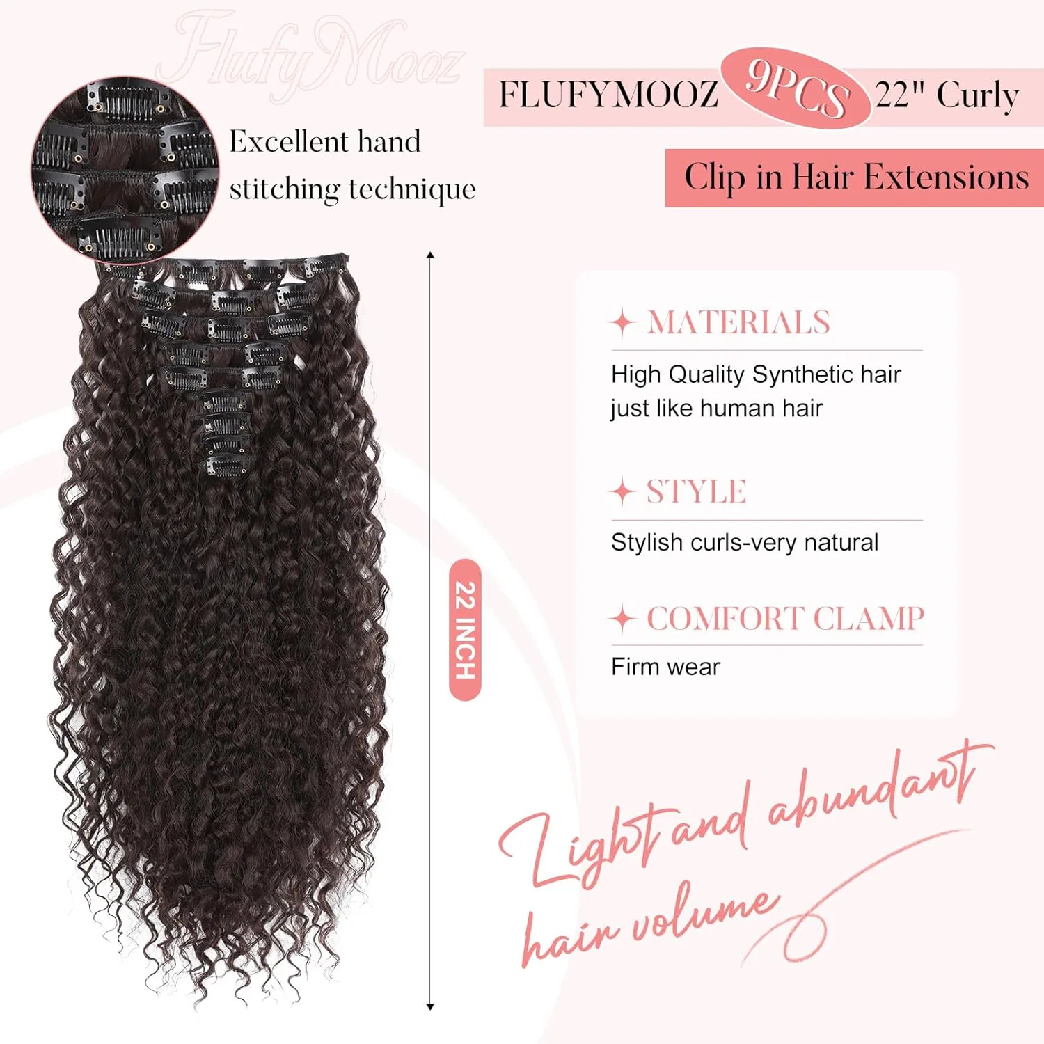 Накладные волосы FLUFYMOOZ Clip-In, 55 см, темно-рыжевато-коричневые, 9 шт. Flufymooz, Dark Brown Reddish — фото 2