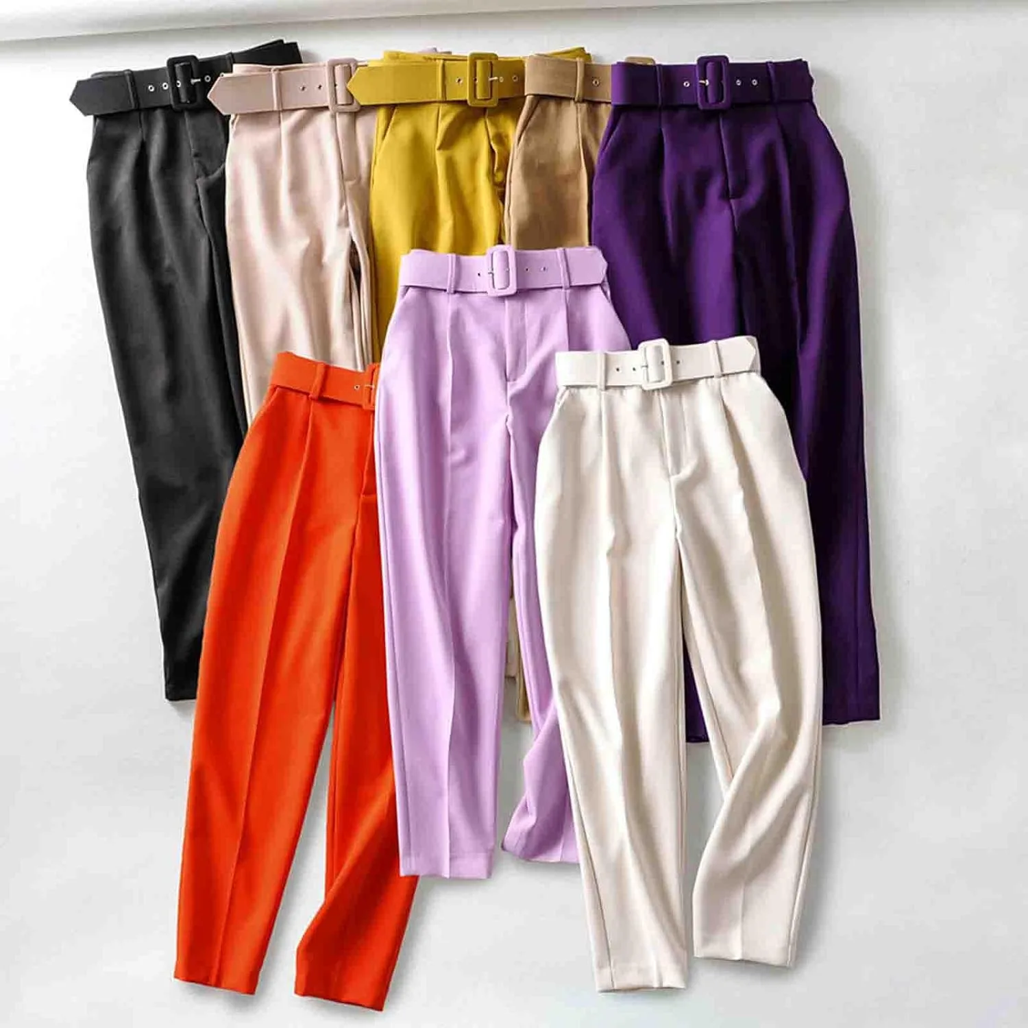 Брюки для женщин Work High Waisted, деловые повседневные брюки Business Casual, силуэт Slim Fit, прямые Straight Leg, однотонные с поясом Generic, темно-синий — фото 3