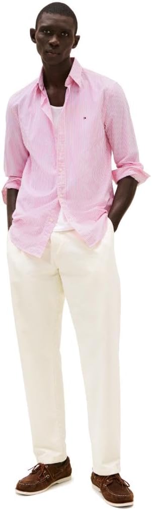 Мужские рубашки Tommy Hilfiger Poplin с длинным рукавом, классического кроя, застегивающиеся на пуговицы, также доступны в размерах для больших и высоких размеров., Classic Pink / Optic White Stripe — фото 3