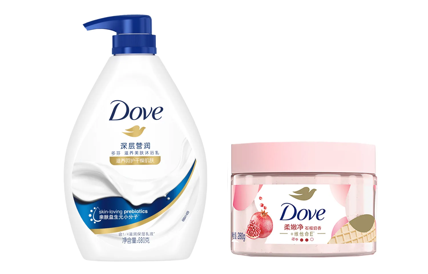 Dove Набор гелей для душа глубокого увлажнения с ароматическими эффектами 730 г+280 г, Two-Piece Set: Deep Hydration Shower Gel 680g+Pomegranate Milk Scrub 280g