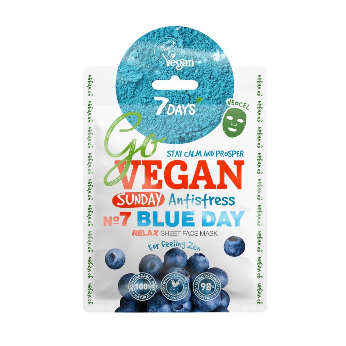 

7Days, GoVegan, очищающая и снимающая стресс тканевая маска Sunday BLUE DAY, экстракт матча, черники, агавы и лотоса, 25 г