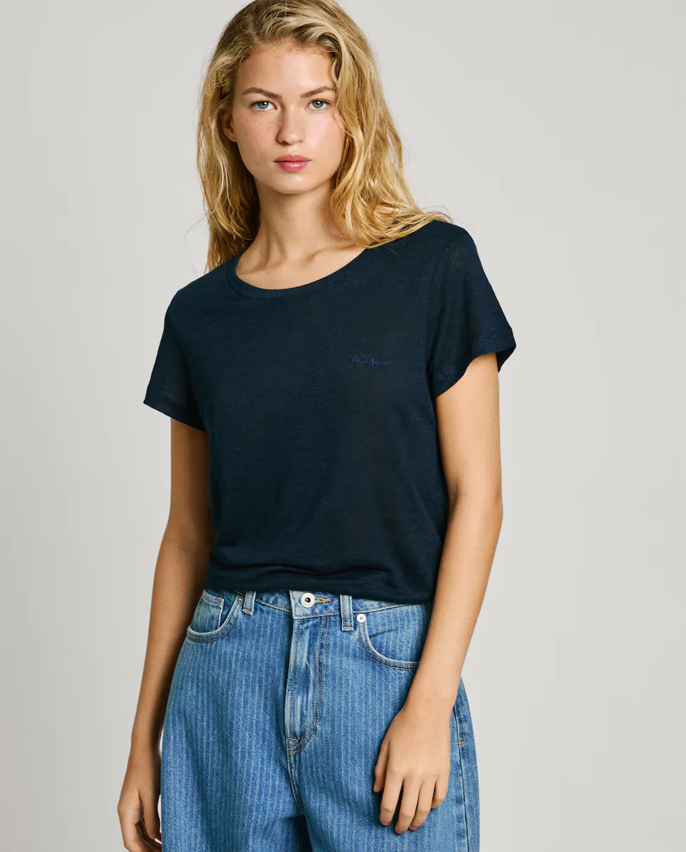 

Женская футболка с круглым вырезом и вышитым логотипом Pepe Jeans, темно-синий