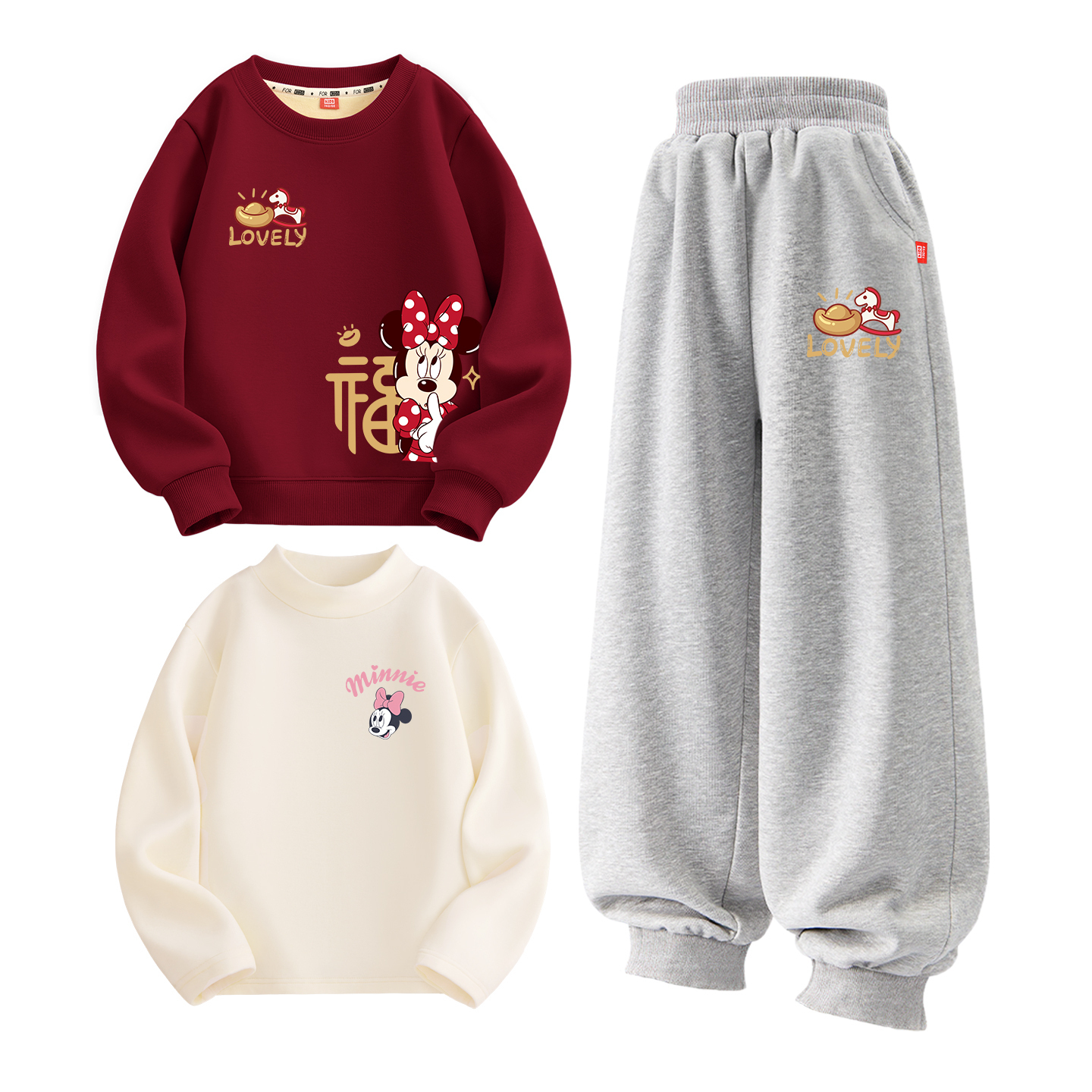 Детская повседневная спортивная одежда с утеплением Disney, [thickened and fleece-lined three-piece set]diyingni k бордовый+diyingni k серый+diyi k milk белый — фото 4