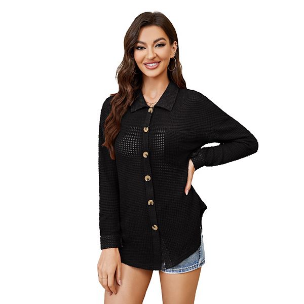 

Женская вязаная рубашка-блуза с карманами на груди, оверсайз, длинный рукав Seoria, Black