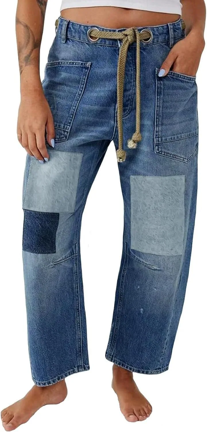 

Женские джинсы в стиле Y2K с готическими аппликациями и эффектом кислотной мойки FEUSEUZ