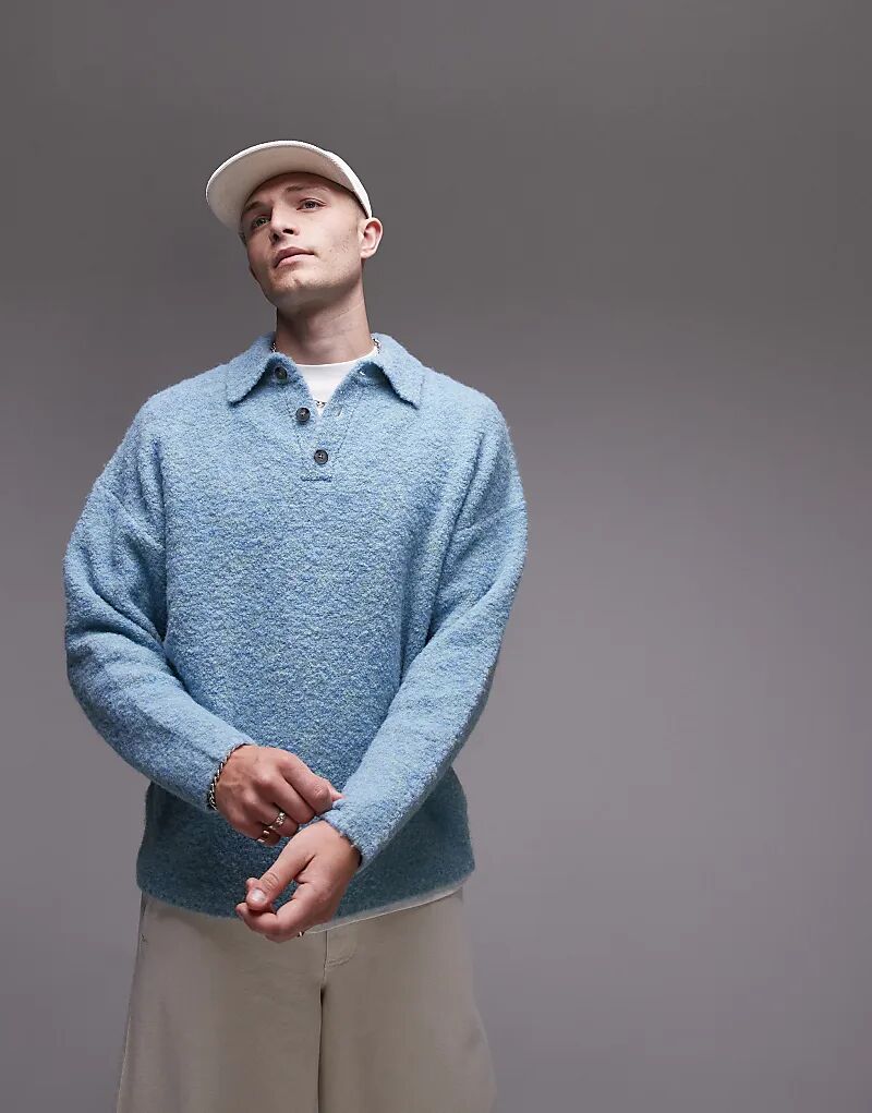 

Поло свободного кроя из букле синего меланжевого цвета Topman