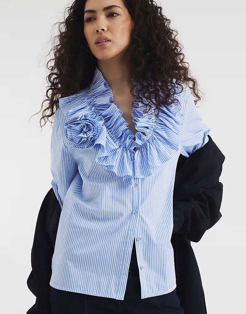 

Рубашка River Island Stripe с длинными рукавами и оборками синего цвета
