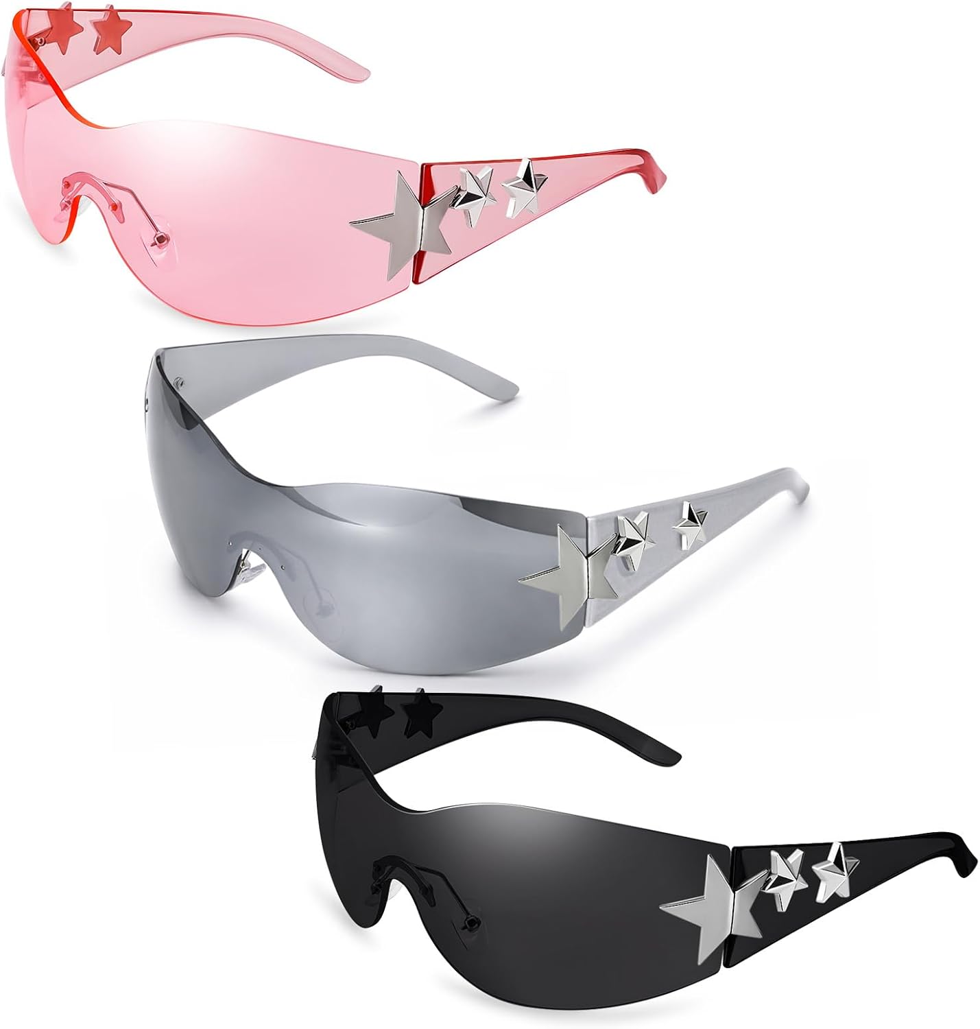 

3 пары солнцезащитных очков Y2K для женщин и мужчин, модные солнцезащитные очки-щитки с обтекаемой формой, большие модные безрамочные очки Ovveroche, Black Frame / Black Lens, Pink Frame / Pink Lens，silver Frame/ Silver Gray Lens