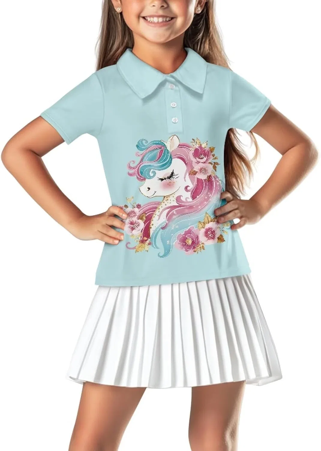 Поло для девочек с воротником Snilety, Floral Horse Print