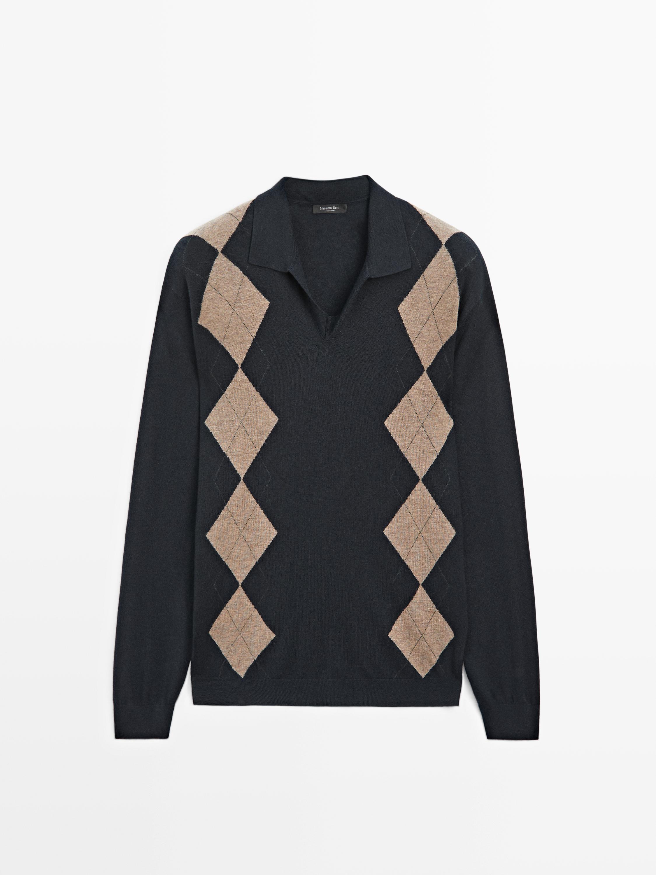 Вязаный свитер-поло из смесовой шерсти с узором аргайл Massimo Dutti, navy blue — фото 2