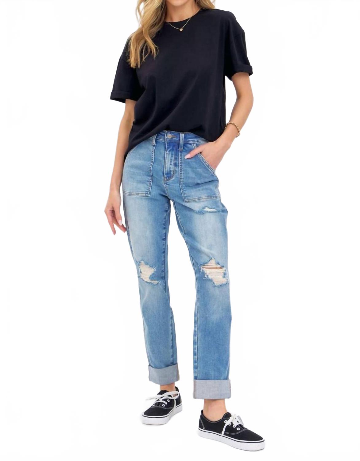 

Джинсы бойфренда с высокой талией, накладным карманом и рваными вставками из денима Judy Blue, Denim