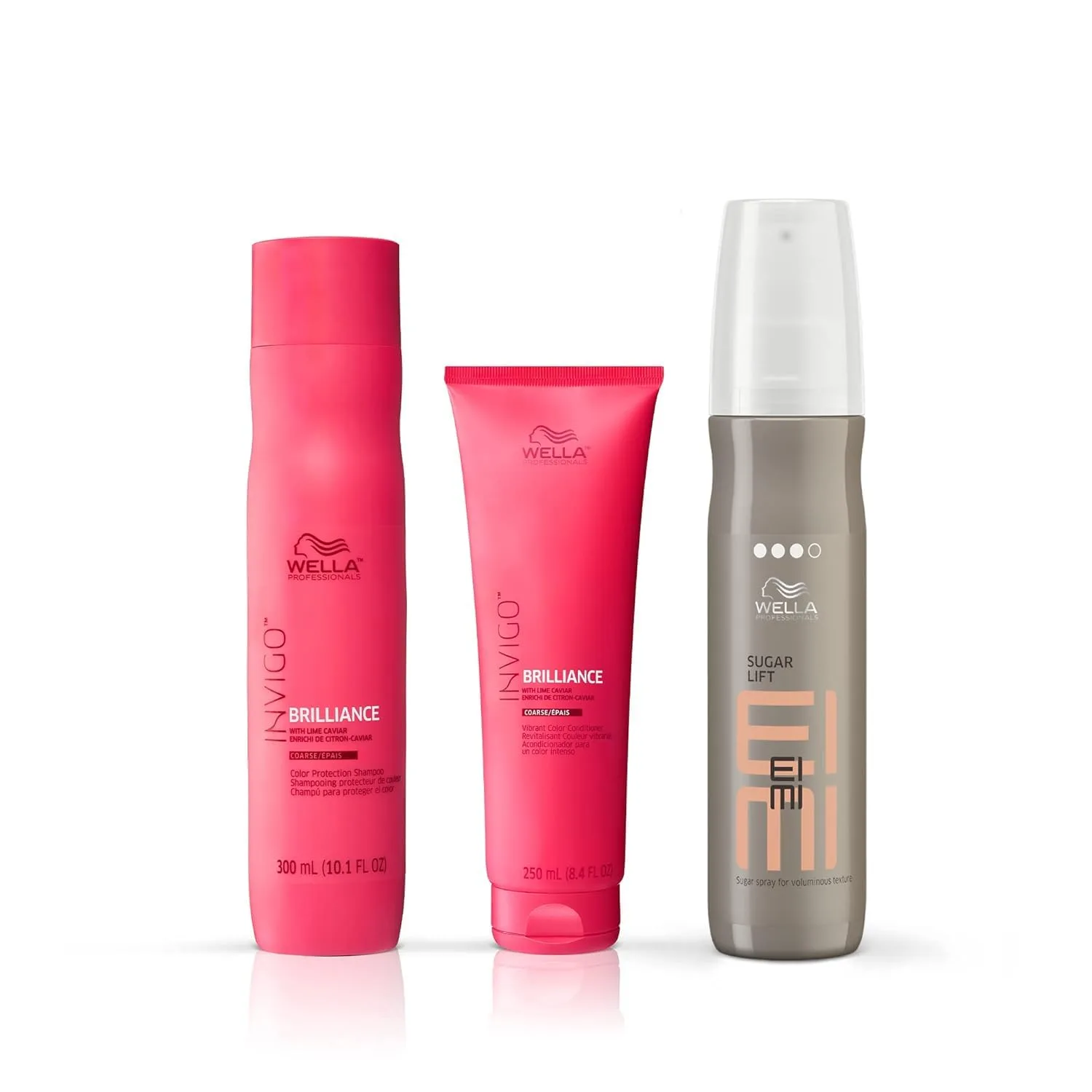 Wella Professionals Invigo Brilliance шампунь и кондиционер для окрашенных жестких волос и защиты цвета + EIMI Sugar Lift спрей для объема и естественного подъема, набор для ухода за волосами
