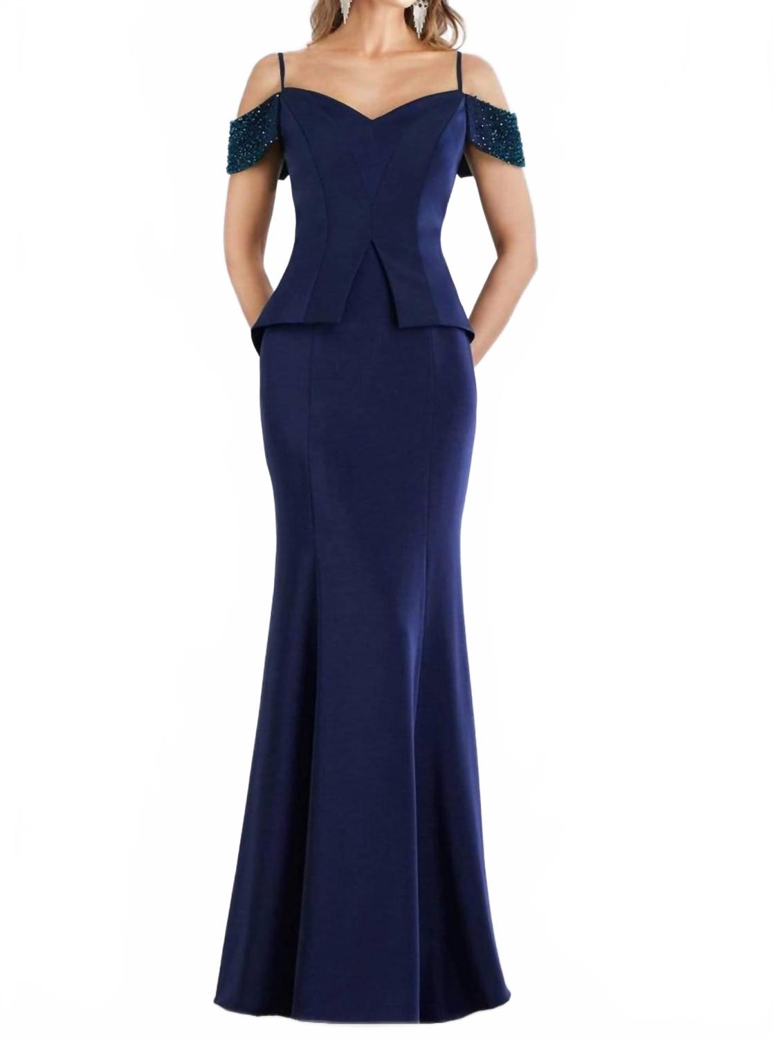 

Вечернее платье с драпировкой на руке в темно-синем цвете Gia Franco