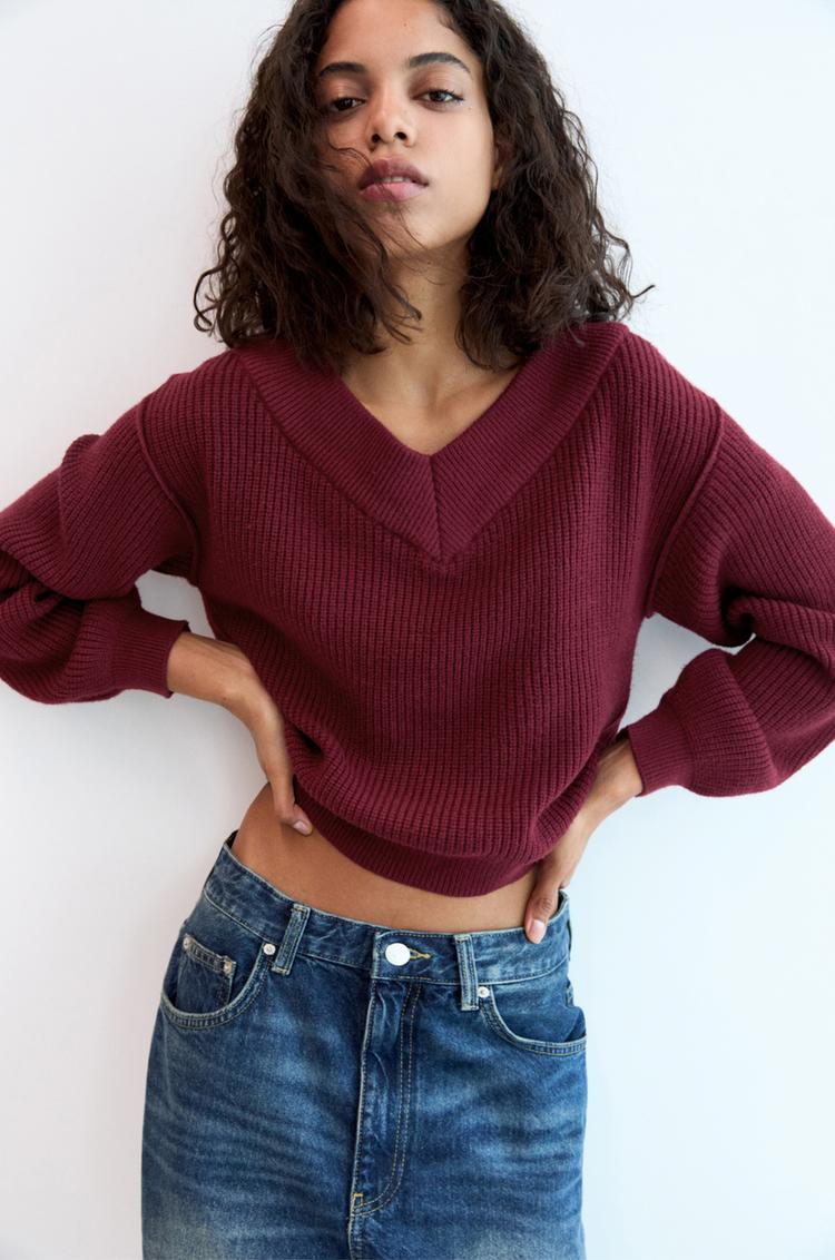 

Джемпер многорядной изнаночной вязки Pull And Bear, бордовый