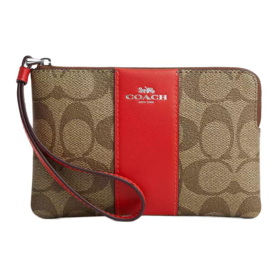 

COACH Угловая молния Покрытый холст Переработанная кожа Клатч Маленький размер Женский Серебристый и Хаки и Майами Ред