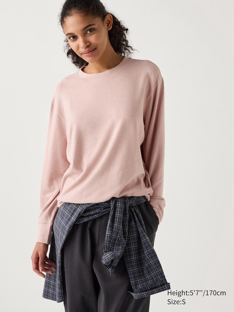 Лонгслив с круглым вырезом из мягкого трикотажного флиса Uniqlo, цвет 10 розовый