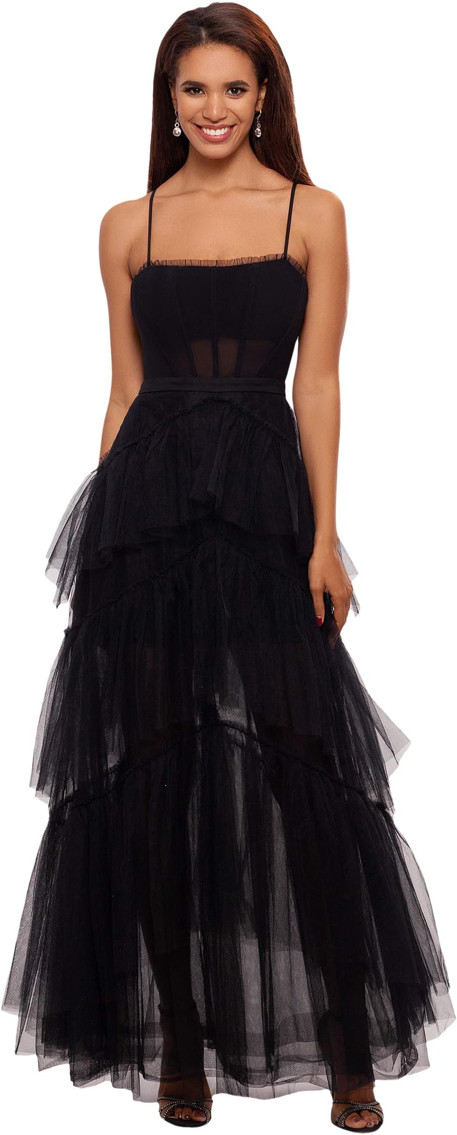 

Платье Betsy & Adam Long Corset Tiered Mesh Illusion Gown, черный
