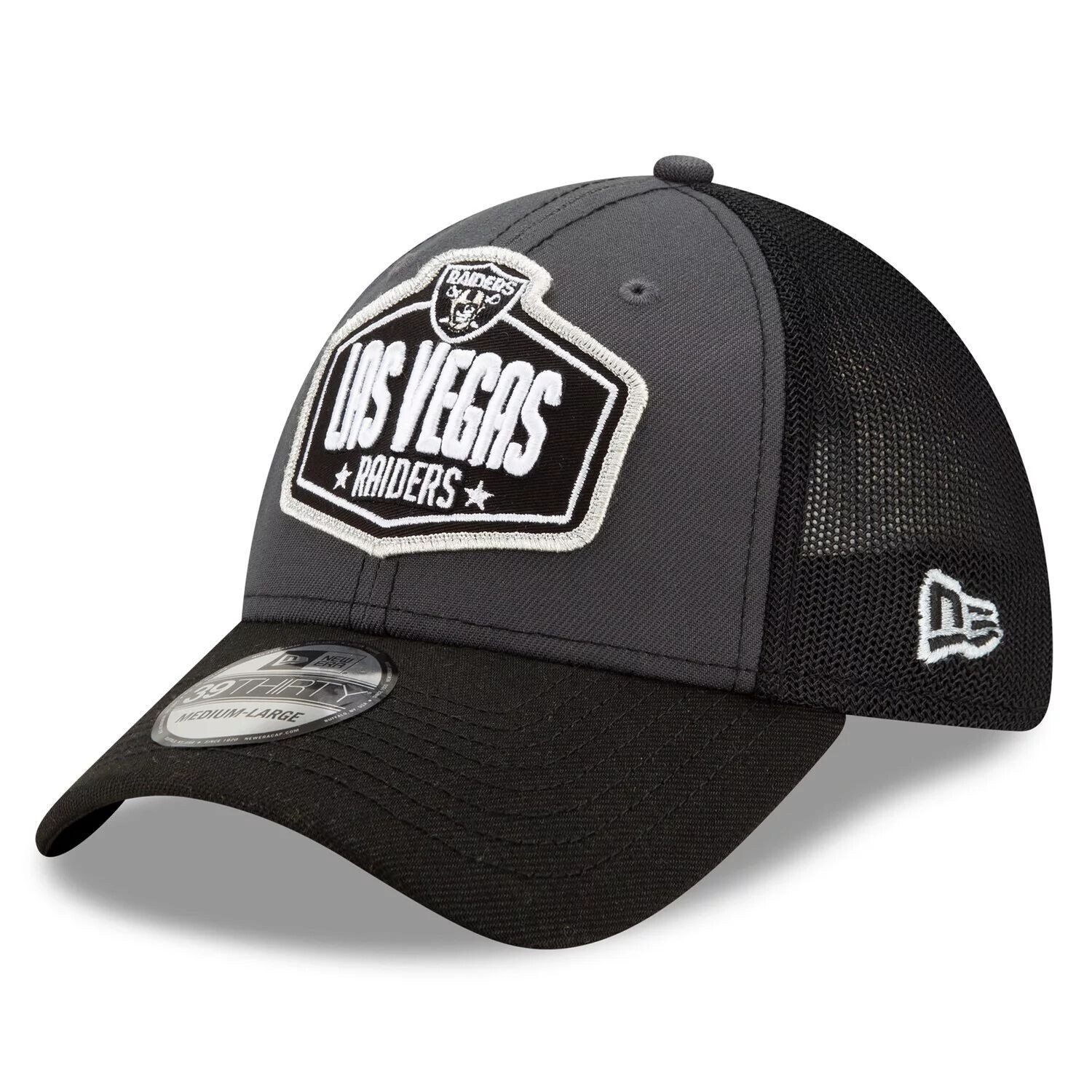 

Мужская кепка New Era Graphite/Black Las Vegas Raiders 2021 NFL Draft Trucker 39THIRTY Flex Hat