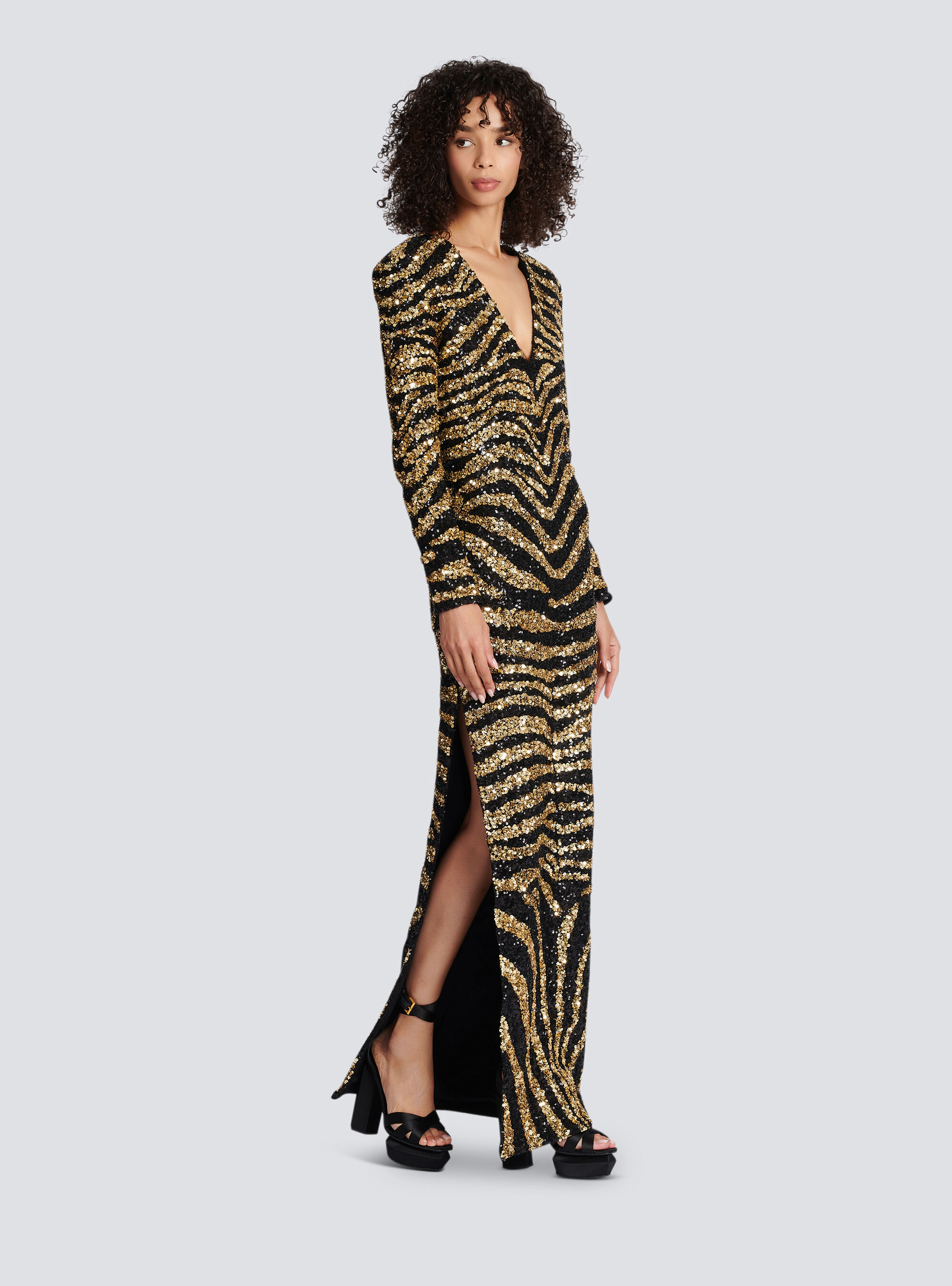 Длинное платье с вышивкой зебра Balmain, золото — фото 3
