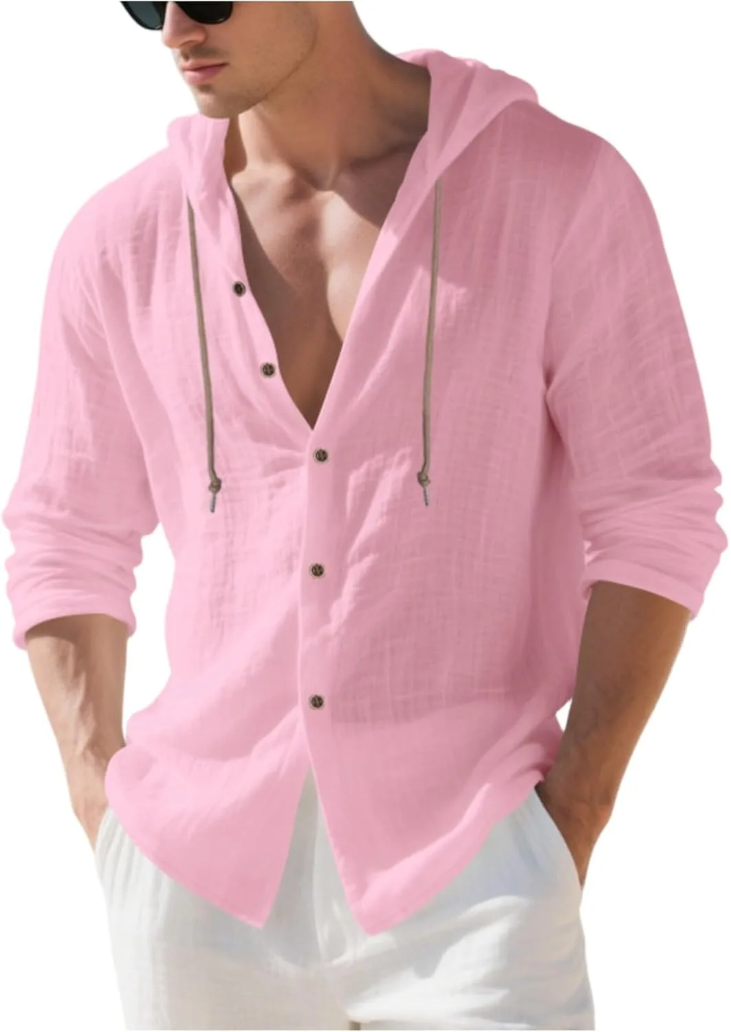 

Мужской льняной худи с капюшоном на пуговицах и карманами CUKOLSXA