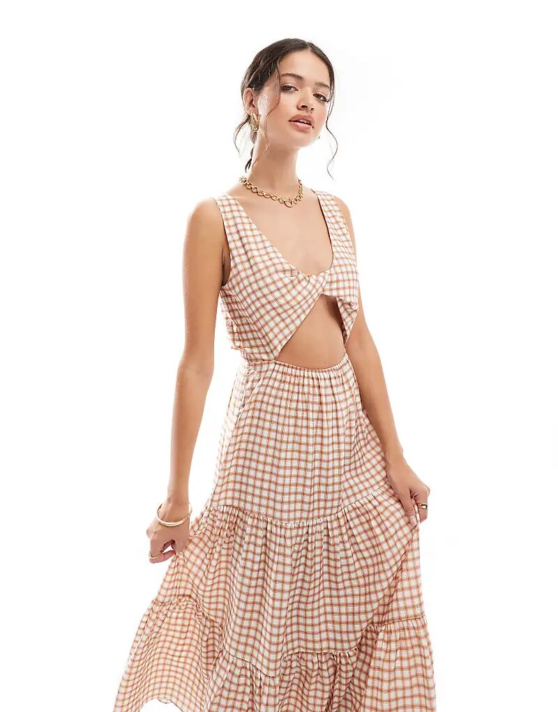 

Многоярусное платье миди с узлом в коричневую клетку ASOS DESIGN