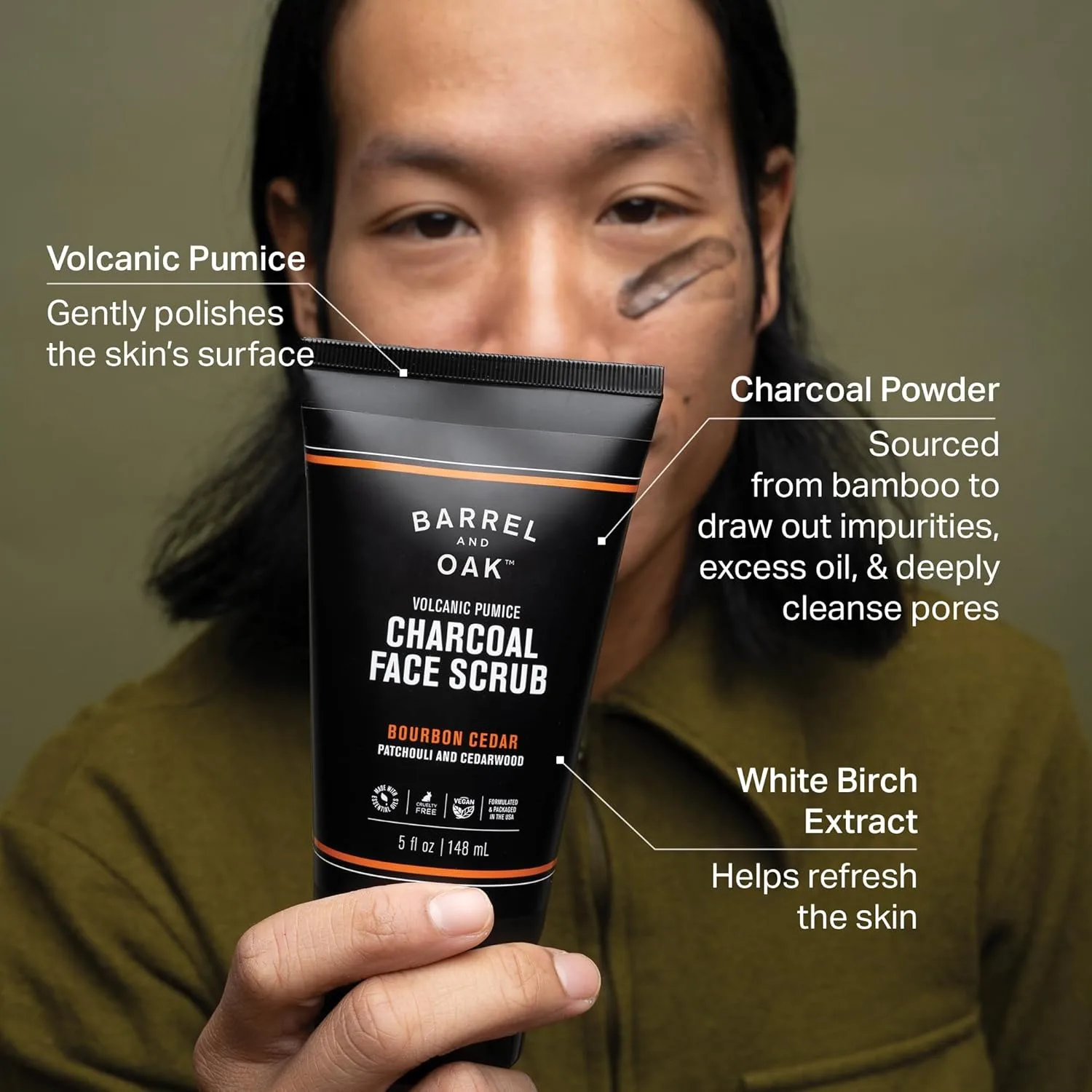 Barrel and Oak скраб для лица Volcanic Pumice & Charcoal, глубокое очищение от омертвевшей кожи и загрязнений, способствует здоровому росту бороды, веганский, аромат Bourbon Cedar, 142 г 148 мл (1 шт.) Barrel & Oak — фото 3