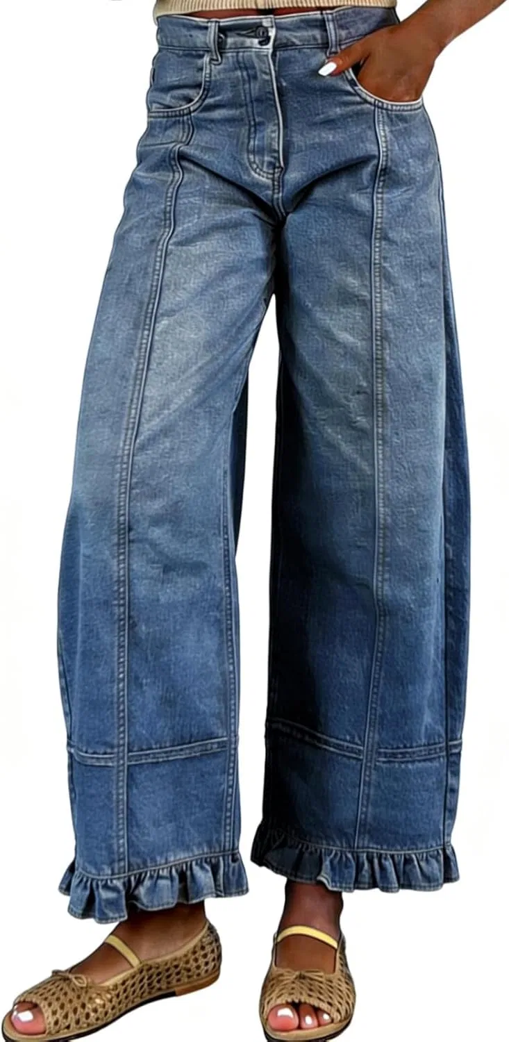 Джинсы с цветочным принтом, Womens Barrel Jeans, синие