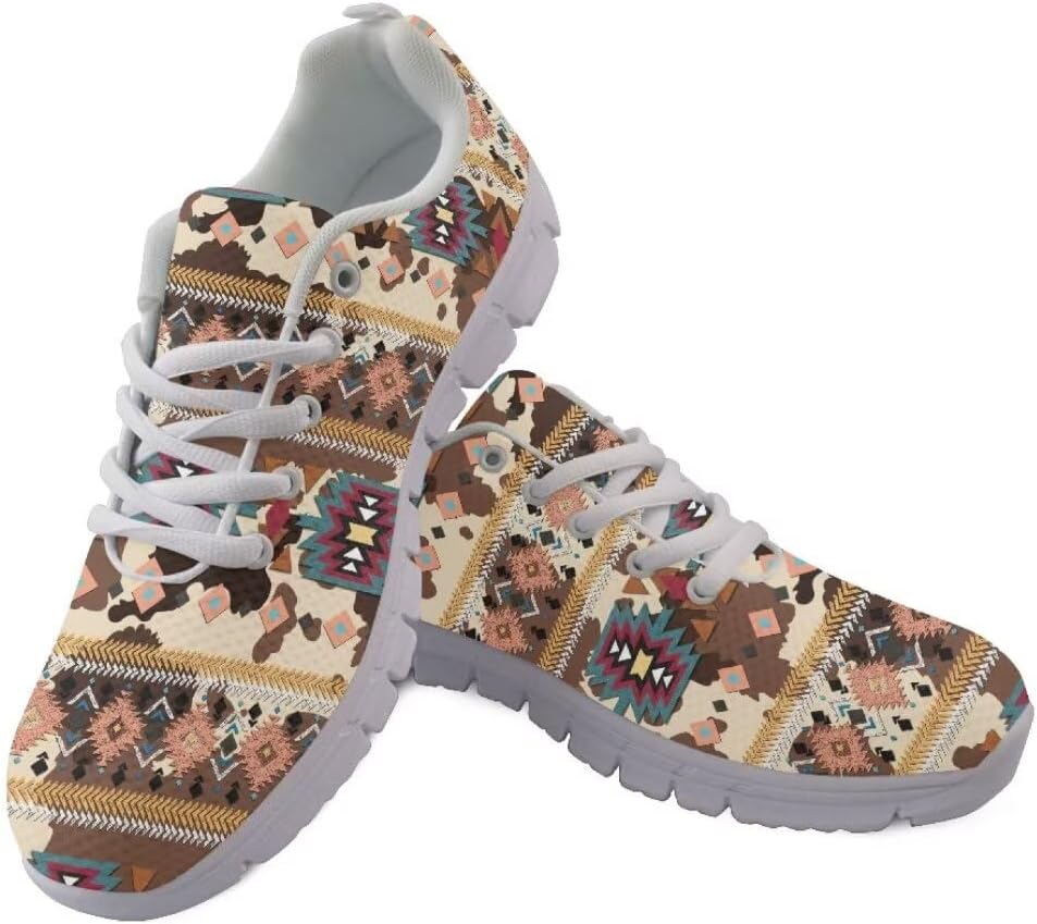 

Кроссовки Jeiento для женщин и мужчин, этнический стиль, сетчатые беговые кроссовки, спортивные кроссовки для тренировок, шнуровка, теннисные кроссовки, противоскользящие спортивные кроссовки для зала, Cow Spots Aztec
